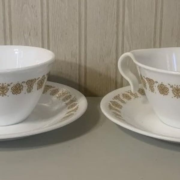 Pair Of Vintage 1970’s Corelle Butterfly Gold Hook Handle Cups and Saucers