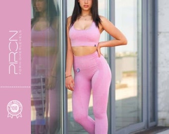 Leggings und Sport BH | Fitness Outfit | Zweiteiler | Seamless | Extra hoher Bund | Absolut blickdicht | Figur schmeichelnd | Rosa