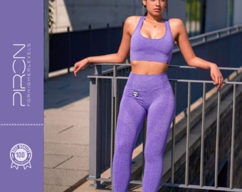 Leggings und Sport BH | Fitness Outfit | Zweiteiler | Seamless | Extra hoher Bund | Absolut blickdicht | Figur schmeichelnd | Violett Blau