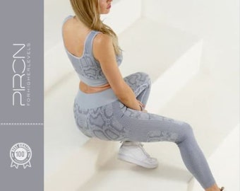 Leggings de yoga sin costuras + sujetador deportivo | Cintura alta | Gris claro | Patrón de serpiente | Favorecedor de la figura | Equipo de fitness | Absolutamente opaco