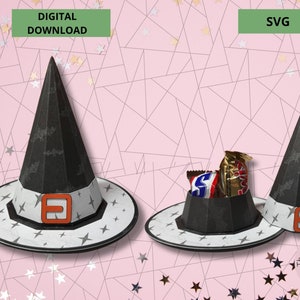 Puede incluir: Un archivo SVG descargable digitalmente para una caja de golosinas con forma de sombrero de bruja. El sombrero es negro con un borde blanco y un patrón gris y blanco. El sombrero está diseñado para contener dulces u otras golosinas pequeñas. El texto "The Digital Pumpkin" es visible en la esquina inferior derecha de la imagen.