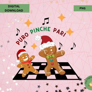 Peut inclure: Deux hommes en pain d'épices dansent sur un sol à damiers noir et blanc. Les hommes en pain d'épices portent des chapeaux de Père Noël et l'un d'eux tient un nœud papillon vert. Le texte "PURO PINCHE PARI" est écrit en lettres vertes au-dessus des hommes en pain d'épices.