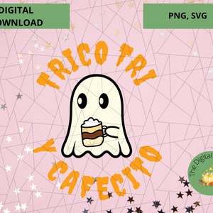 Trico Tri y Cafecito, Trick or Treak  Halloween ghost drinking coffee