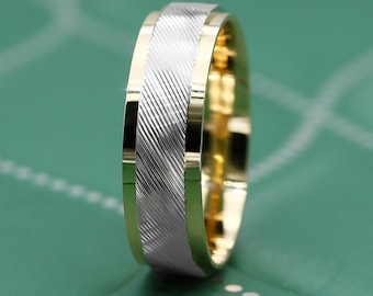 Fede nuziale in oro massiccio bicolore / Anello fatto a mano con vestibilità comoda