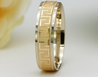 Fede nuziale in oro massiccio con chiave greca / Anello fatto a mano in oro giallo e bianco