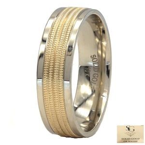 6mm Gold Wedding Band mille grain design 10k 14k 18k Gold for Men and Women, classic design, One tone Two tones, white gold, yellow gold,