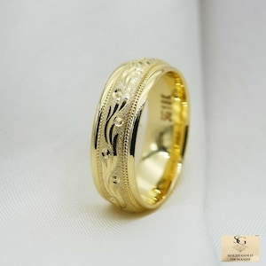 Gold Wedding Band 10K 14K 18K for Men and Women, Flower Design, Yellow Gold. White gold,Rose gold  wedding ring, Matching rings-RB3206