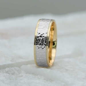 Handmade Two-Tone 5 6MM Solid Gold Wedding Band - Customizable in 10K, 14K, 18K | Hammered Men&#39;s and Women&#39;s Ring