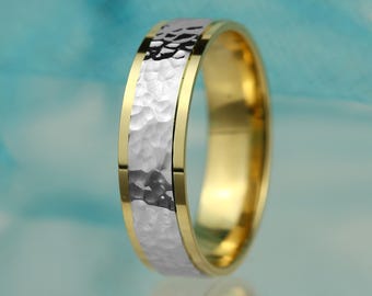 Fede nuziale in oro massiccio martellato piatto, anello bicolore (5-6 mm), una delle mie fedi preferite