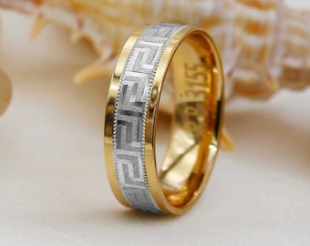 Wedding Band 10K 14K 18K Gold greek key milgrain 5MM 6MM Solid Gold, One tone Two tone, white yellow gold Rings,  for women men RB3155