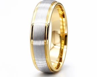 Fede nuziale in oro massiccio bicolore: anello comfort fit abbinato per lui e per lei