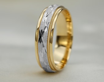 Fede nuziale in oro massiccio bicolore con motivo a stella: realizzata a mano in oro 10K, 14K e 18K, SG006