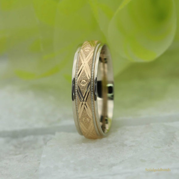 Wedding Band 5+6MM 10K 14K 18K Gold Solid Gold, 5MM 6MM for women and men,One tone Two tone,white gold,yellow gold ,X-  RB-V