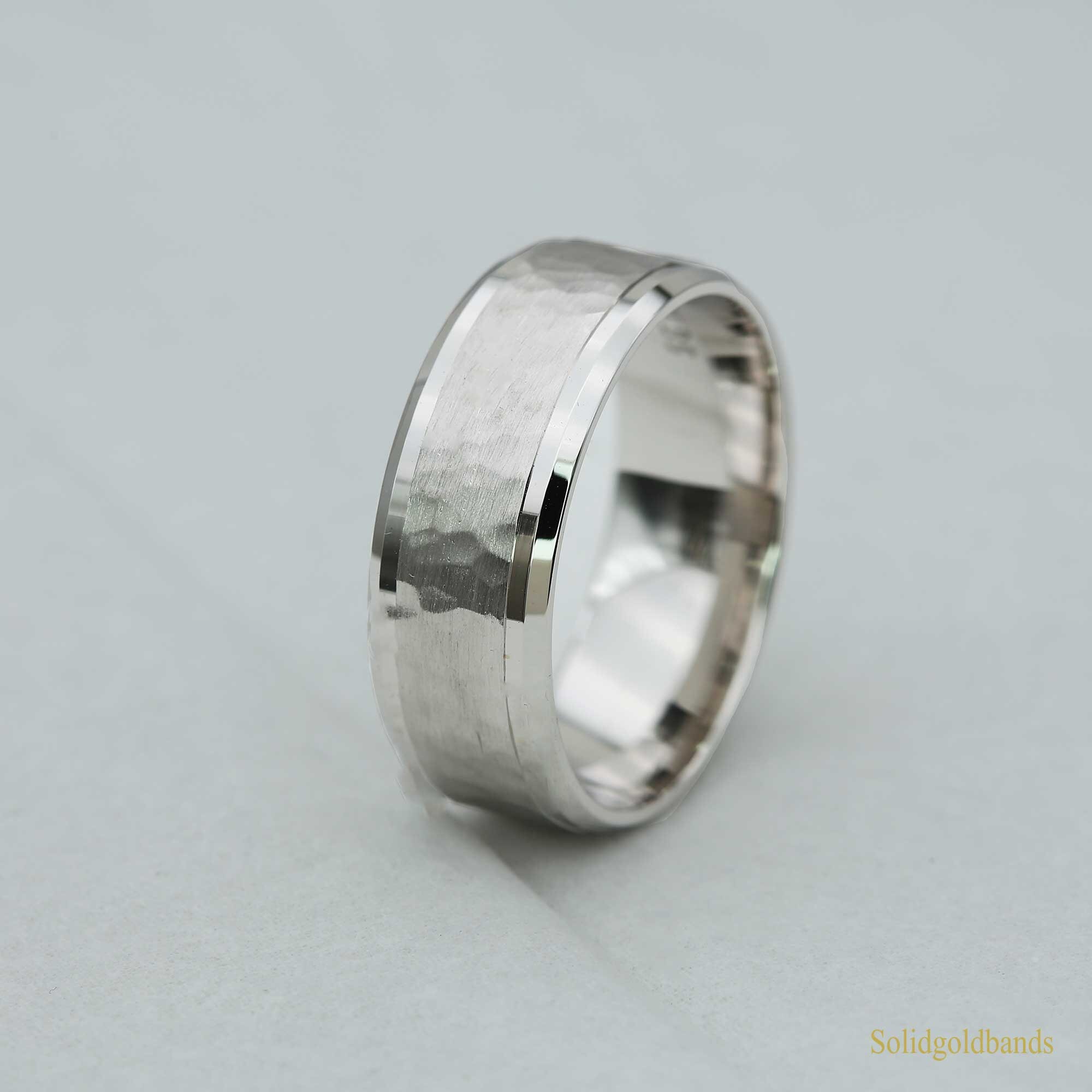 Men's 7mm Hammered Wedding Band In Solid 10k White Gold - Size 9.25, Polished Finish