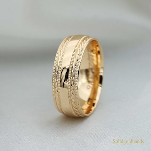 7mm Solid Gold Wedding Band: High Polished Milgrain Dome Ring, SG009