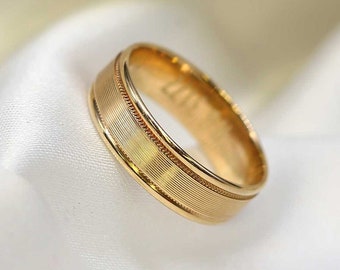 Gold wedding Band 5+6mm 10K 14K 18K, white gold, yellow gold, rose gold, High Polished, Milgrain,low dome,Classic, simple-RB3177