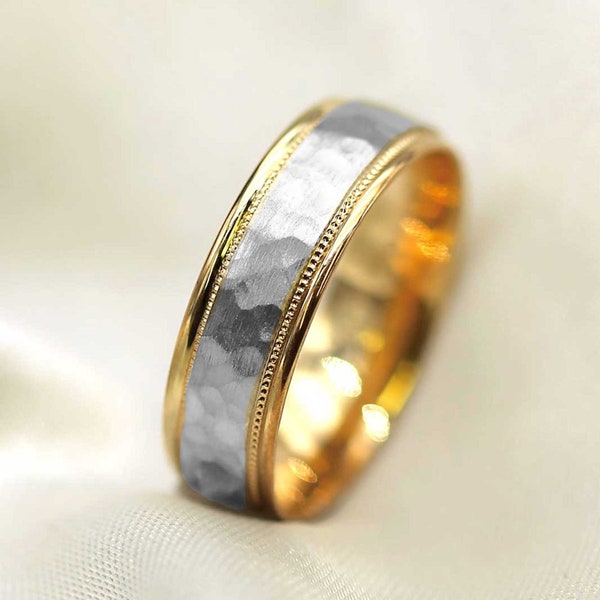 10K 14K 18K hammered milgrain solid gold,5MM 6MM, One tone Two tone, white yellow gold Rings, Wedding Bands for women & men -RB3205