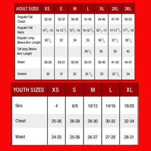 Peut inclure: Un tableau des tailles pour v&ecirc;tements adultes et enfants. Le tableau indique les mesures de la poitrine, du cou, de la longueur des manches, de la taille, de l'entrejambe et de la taille. Les tailles adultes sont XS, S, M, L, XL, 2XL et 3XL. Les tailles enfants sont XS, S, M, L et XL.