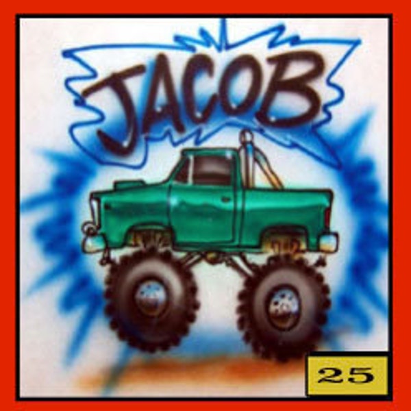 Adult or Child Airbrush T-shirt with a monster truck with Custom Name