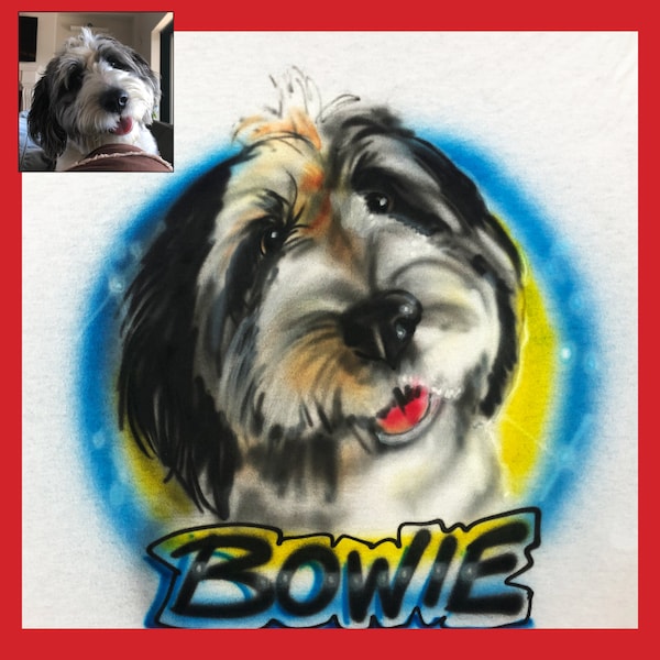 Adult or Child Airbrush T-shirt Single Dog or Pet Portrait Design with Custom Name