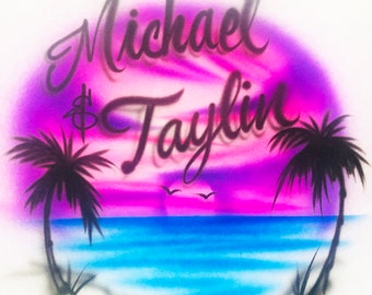 Beach Scene for couples with Custom Names for Adult/Child Airbrush T-shirt/Hoodie/Pillowcase/