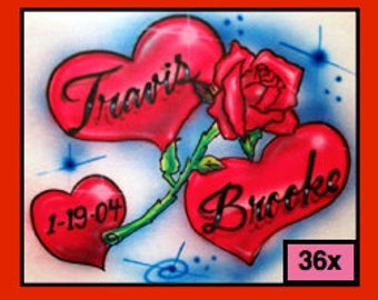 Coeurs et rose pour couple avec prénoms personnalisés pour t-shirt/sweat à capuche/taie d'oreiller aérographe adulte/enfant