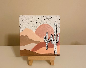 Custom Cactus Sand Dunes Desert Mini Canvas Painting With Easel 