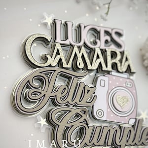 Caketopper Luces, Camara, Feliz Cumple, svg y studio, plantilla de corte, incluye todo el diseño, para cortar en cricut y came