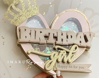 Caketopper Birthday Girl shaker. Digital cutting file for Cameo and Cricut SVG. digital template. pink and gold. glitter