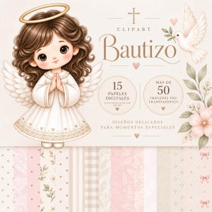 Könnte beinhalten: Ein digitales Clipart-Set zur Taufe mit einem braunhaarigen Engel, Heiligenschein, Flügeln, einer weißen Taube und Blumen. Der Text lautet Bautizo, 15 PAPELES DIGITALES, MÁS DE 50 IMÁGENES PNG TRANSPARENTES und DISEÑOS DELICADOS PARA MOMENTOS ESPECIALES.