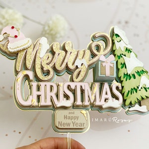 Caketopper Merry Christmas. Digital cutting file for Cameo and Cricut. rose and gold. digital template.