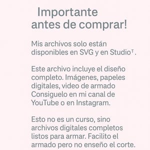 Op de afbeelding: Een lichtroze afbeelding met Spaanse tekst, waaronder "Importante antes de comprar!" en informatie over digitale bestanden in SVG- en Studio-formaten, met links naar YouTube en Instagram.