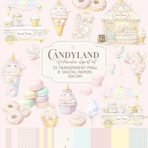 May include: Watercolor clipart set featuring various sweets and treats, including ice cream, donuts, cupcakes, and lollipops. The set includes transparent PNGs and digital papers. The image has a Candyland theme with pastel colors and the text "Sweet Treats".