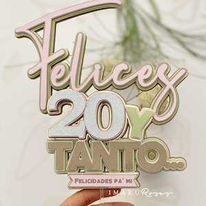 Caketopper Happy 20 something.  Digital cutting file for Cameo and Cricut SVG. Rosa, pink and gold. template