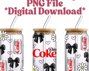 Diet C*ke Daisy & Bows 16oz Libbey Glass Can Wrap PNG, Sublimation Digital Download, Coquette 16oz Libbey, Glass Cup, UVDTF Tumbler Wrap