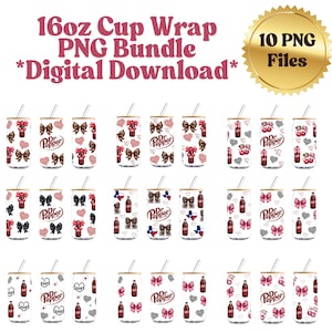 10 PNG Dr Pepper Bow & Hearts Coquette Tumbler Png, 16oz Libbey Glass Can Wrap PNG, Pink Bows Digital, UVDTF Wrap, Coquette Soda Sublimation