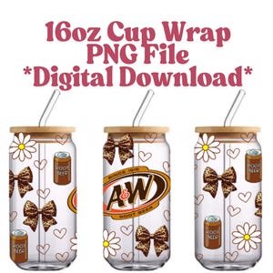Root Beer 16oz Libbey Glass Can Wrap PNG, Digital Download, Coquette Bows and Flowers 16oz Libbey Wrap, UVDTF Tumbler Root Beer Soda Wrap