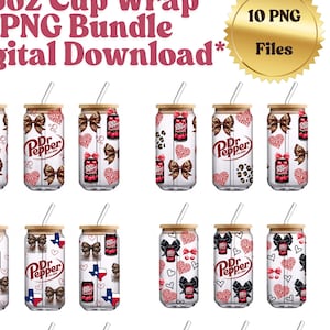 10 PNG Dr Pepper Cherry Bow & Hearts Coquette Tumbler Png, 16oz Libbey Glass Can Wrap PNG, Pink Bows, UVDTF Wrap, Coquette Soda Sublimation