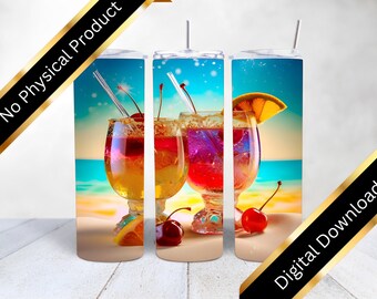 DIGITAL Tumbler Wrap, 20oz Skinny Tumbler Wrap, Fruit Drink Tumbler Wrap, Custom Tumbler Wrap, Cherries, Beach Tumblers, 3D Vacation, D69