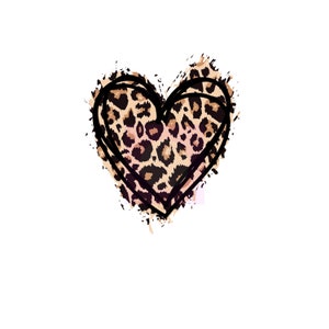 May include: A leopard print heart design with a black outline and a distressed, splattered effect. The heart features a pattern of brown and black spots on a tan background, set against a white backdrop.