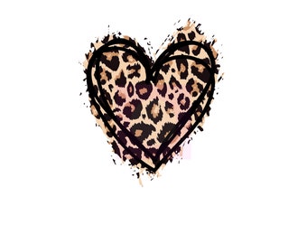 May include: A leopard print heart design with a black outline and a distressed, splattered effect. The heart features a pattern of brown and black spots on a tan background, set against a white backdrop.