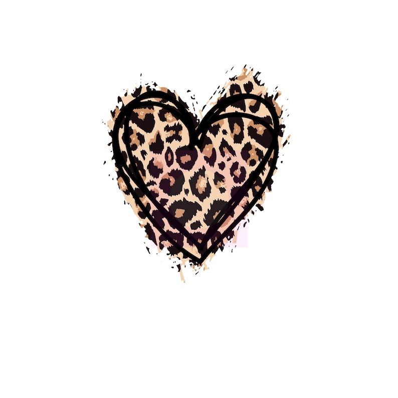 May include: A leopard print heart design with a black outline and a distressed, splattered effect. The heart features a pattern of brown and black spots on a tan background, set against a white backdrop.