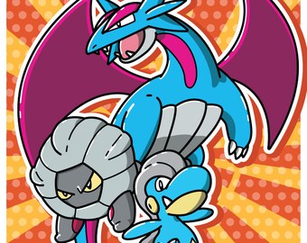 Bagon, Shelgon, Salamence Family - 11 x 14 Pokémon Illustration Art Print