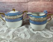 Nippon Noritake Moriage Purple Blue Luster Lustre Gold Cream and Sugar