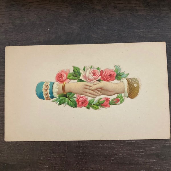 Early 1900s Victorian Style Shaking Hands with Pink Rose Flowers Calling Card