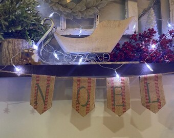 Burlap Banner Noel Green Writing with Red Stripe Background Christmas Farmhouse Garland