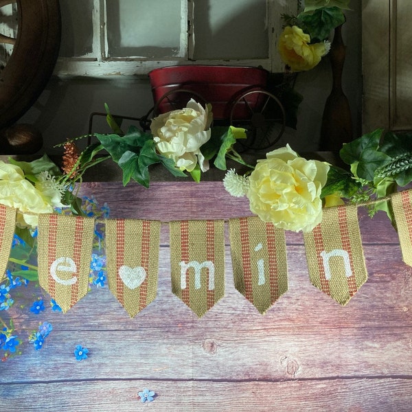 Burlap Banner be mine Country White Writing with Red Stripe Background Valentine Love Farmhouse Garland