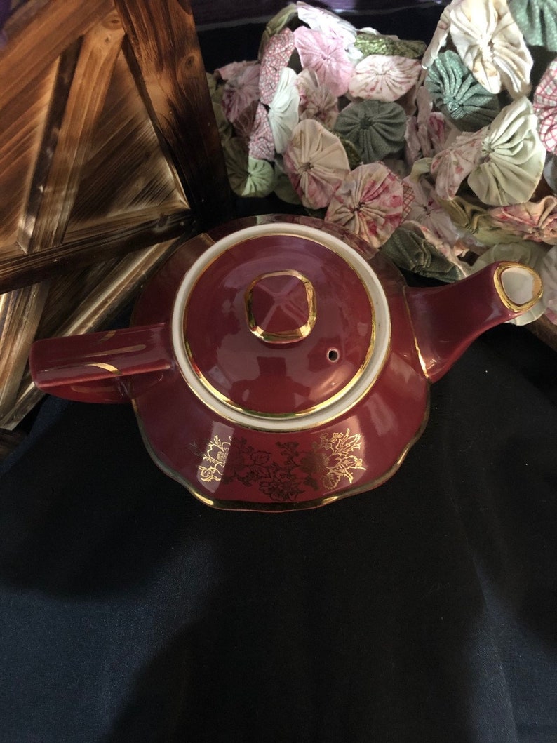 Hall Pottery Teapot Maroon Gold Trim 0173 Etsy