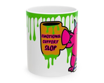 Ceramic Mug | Neon Green Drip, Quirky Monster Art, Emotional Support Slop