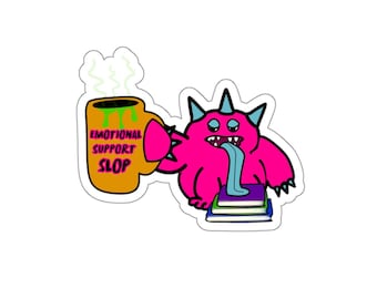 Pink Monster with Mug and Books Die-Cut Sticker | Emotional Support Slop